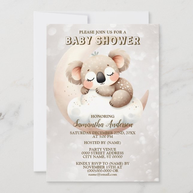 Baby Shower Cute Sleeping Baby Koala Animal Invitation (Front)