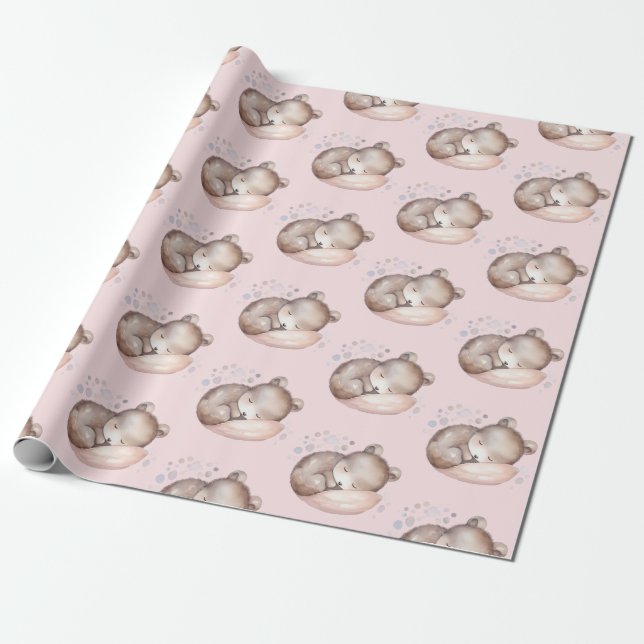 Baby Shower, cute sleeping teddy bear Wrapping Paper (Unrolled)