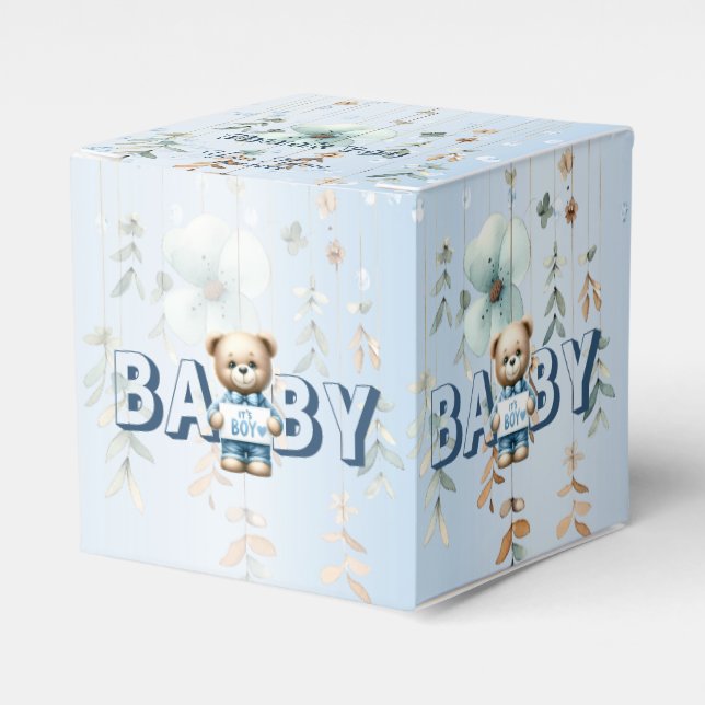 Baby Shower Cute Teddy Bear Blue Floral Beautiful Favour Box (Front Side)