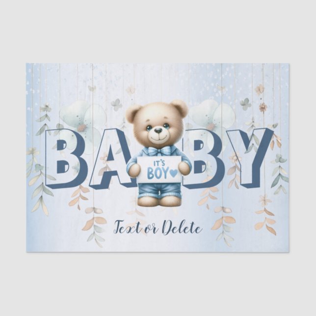 Baby Shower Cute Teddy Bear Blue Floral Beautiful Tissue Paper (Front)