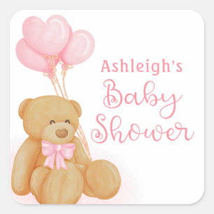 Baby Shower Cute Teddy Bear Pink Heart Balloons Square Sticker
