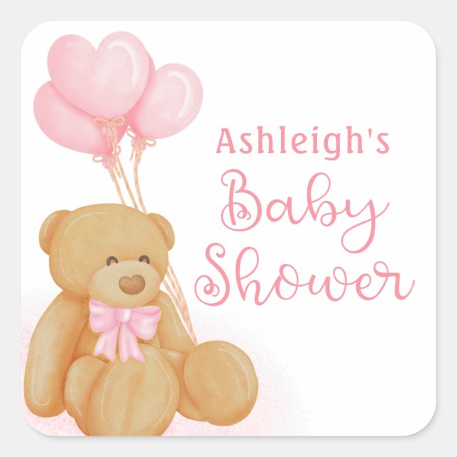 Baby Shower Cute Teddy Bear Pink Heart Balloons Square Sticker (Front)