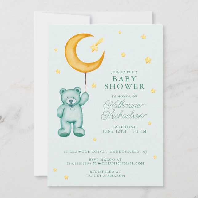 BABY SHOWER | Cute Watercolor Bear Moon Invitation (Front)