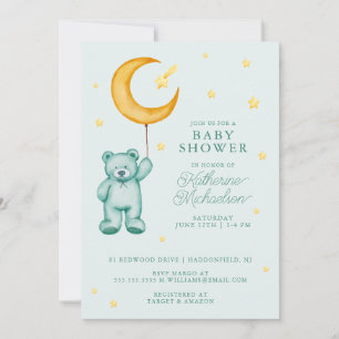 BABY SHOWER Cute Watercolor Bear Moon Invitation