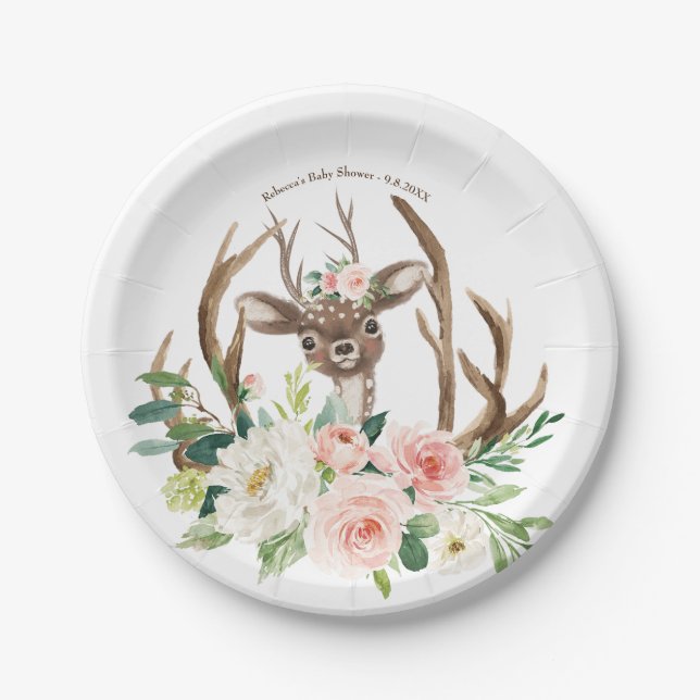 baby shower cute woodland deer paper plate (Front)
