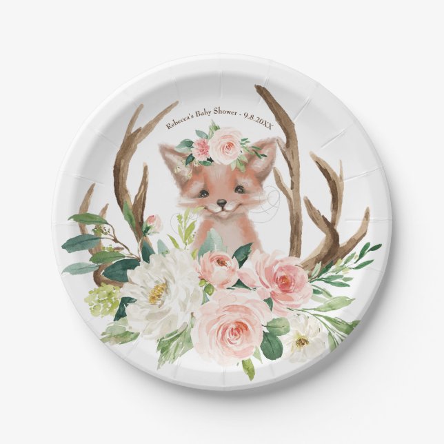baby shower cute woodland fox paper plate (Front)