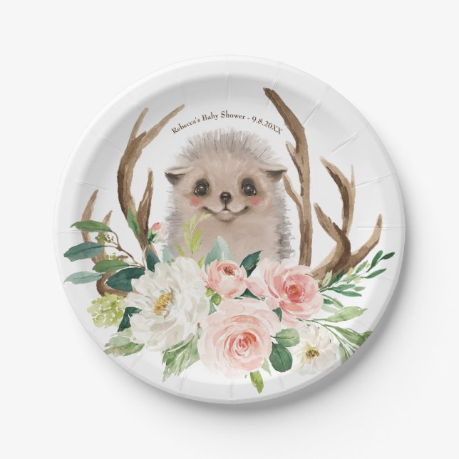 baby shower cute woodland hedgehog paper plate (Front)