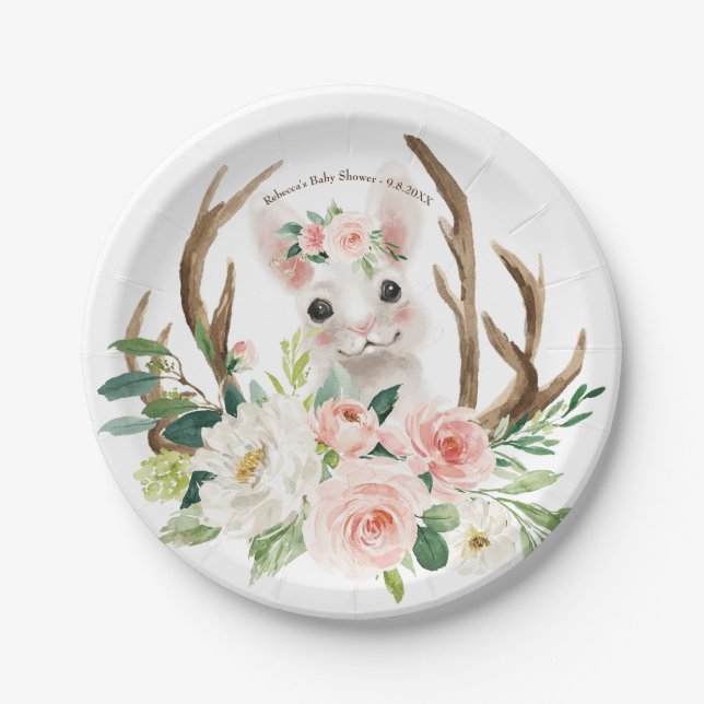 baby shower cute woodland rabbit paper plate (Front)
