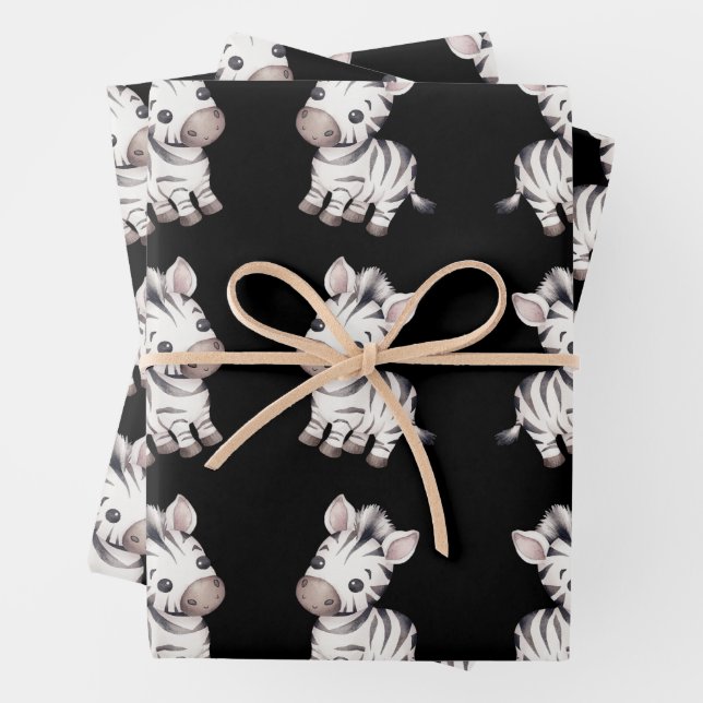 Baby shower cute zebra pattern wrapping paper sheet (In situ)