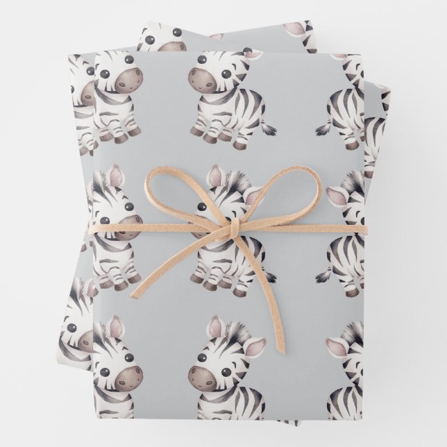 Baby shower cute zebra pattern wrapping paper sheet (In situ)