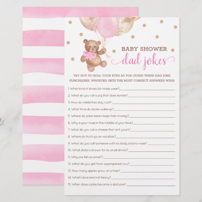 Baby Shower Dad Jokes Game Teddy Bear Pink (Front/Back)