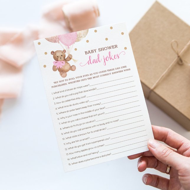 Baby Shower Dad Jokes Game Teddy Bear Pink Card (Creator Uploaded)