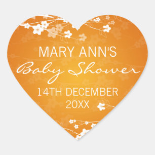 Baby Shower Date Cherry Blossom Orange Heart Sticker