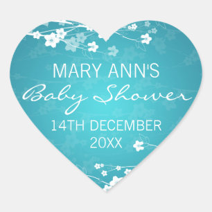 Baby Shower Date Cherry Blossom Turquoise Heart Sticker