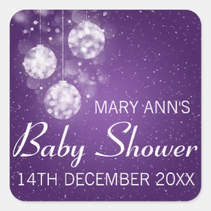 Baby Shower Date Festive Baubles Purple Square Sticker