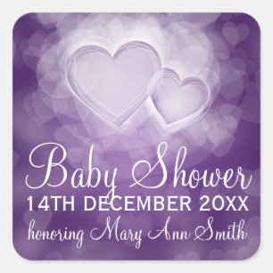 Baby Shower Date Modern Hearts Purple Square Sticker