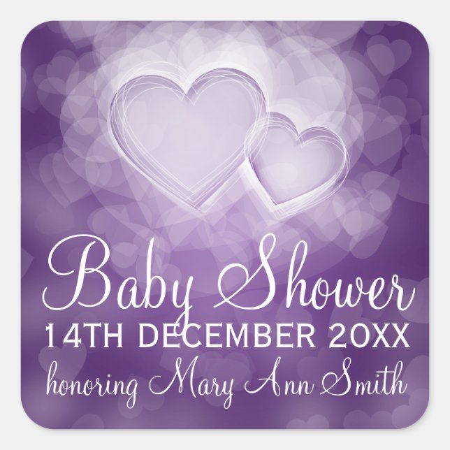 Baby Shower Date Modern Hearts Purple Square Sticker (Front)