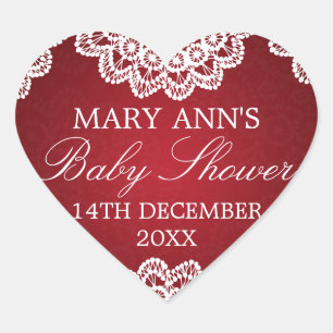 Baby Shower Date Vintage Lace Red Heart Sticker