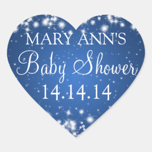 Baby Shower Date Winter Sparkle Blue Heart Sticker