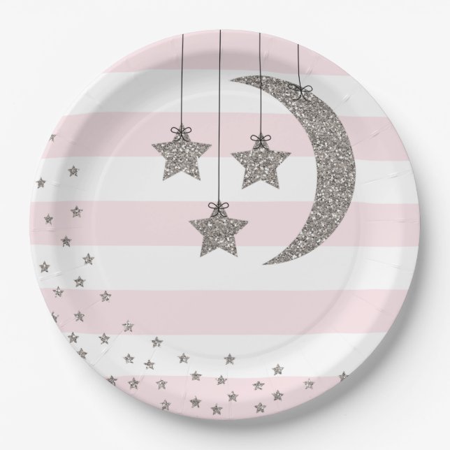 baby shower decorations blush pink silver glitter paper plate (Front)