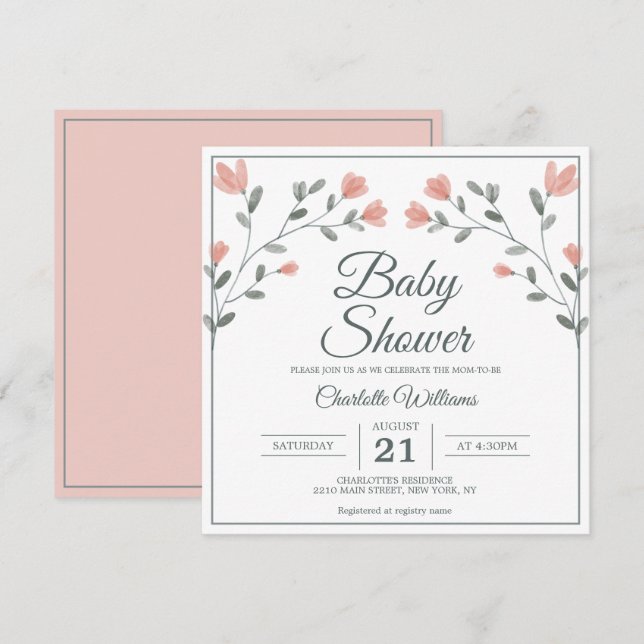 Baby Shower Delicate Flowers Pink & Sage Green Invitation (Front/Back)