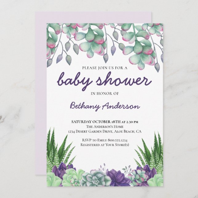 Baby Shower Desert Garden Succulents Watercolor Invitation (Front/Back)
