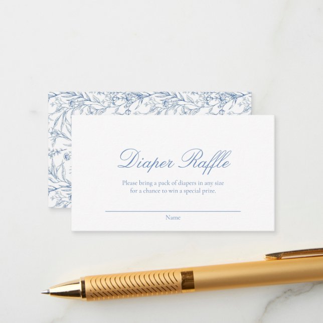 Baby Shower Diaper Raffle Blue Line Drawn Floral Enclosure Card (Front/Back In Situ)