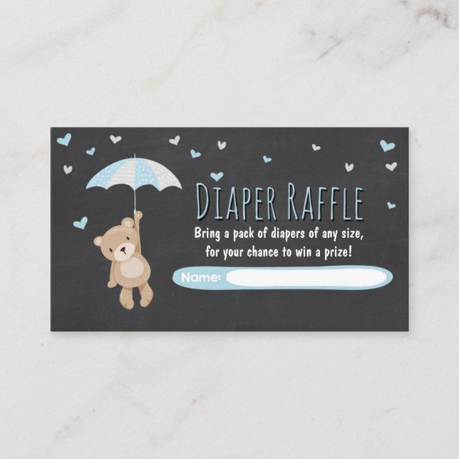 Baby Shower Diaper Raffle Card Teddy Bear Blue (Front)