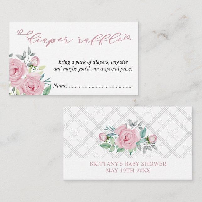 Baby Shower Diaper Raffle Pink Peony Bouquet Enclosure Card (Front/Back)