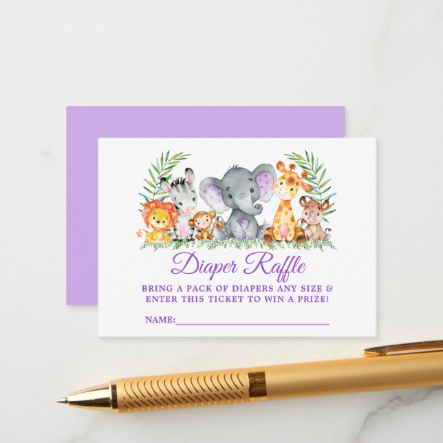 Baby Shower Diaper Raffle Ticket Safari Animals  Enclosure Card (Front/Back In Situ)