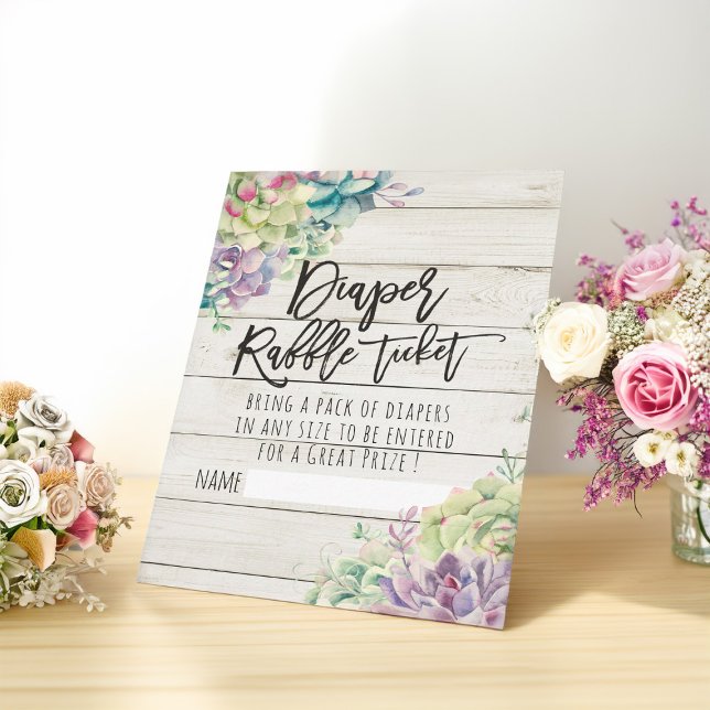 Baby Shower Diaper Raffle Ticket Succulents Wood Enclosure Card (Creator Uploaded)