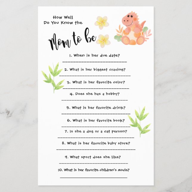 Baby Shower Dinosaur How well you know the card (Front)