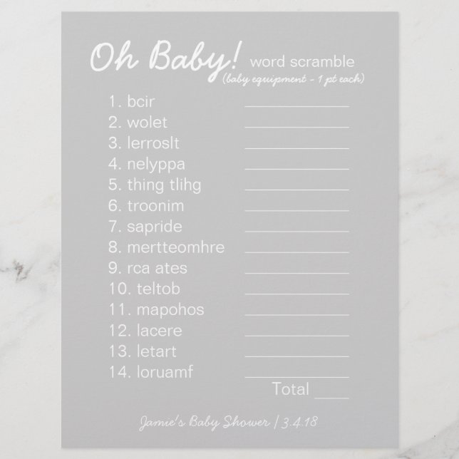 Baby Shower DIY - Word Scramble Game - grey (Front)