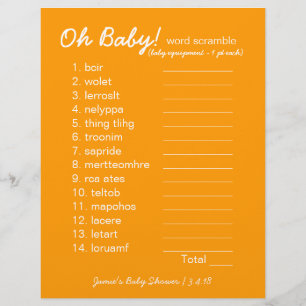 Baby Shower DIY - Word Scramble Game - orange