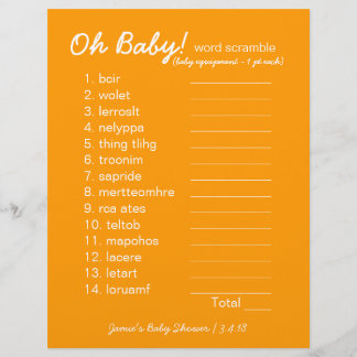 Baby Shower DIY - Word Scramble Game - orange