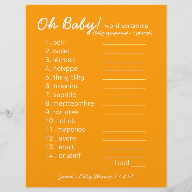 Baby Shower DIY - Word Scramble Game - orange (Front)