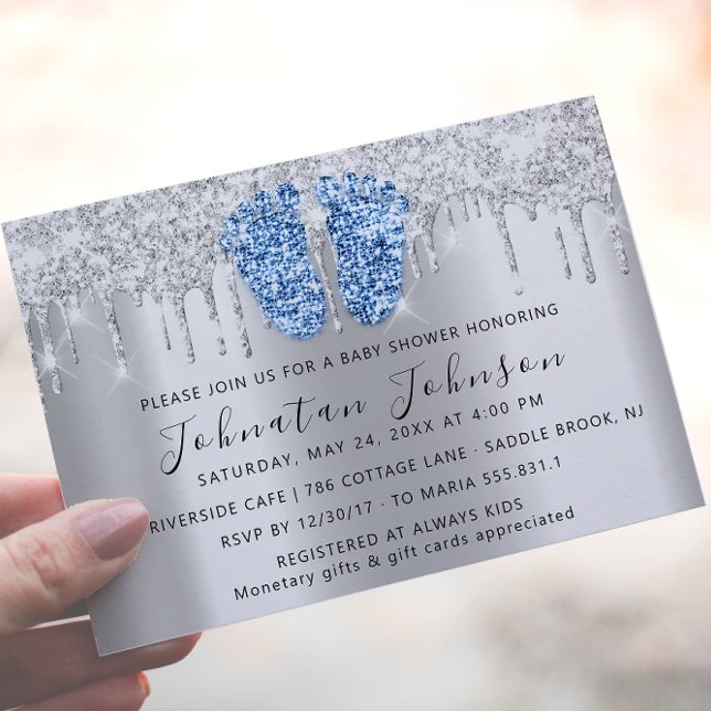 Baby Shower Drips Glitter Blue Feet Gray Boy Girl Invitation (Baby Shower Drips Glitter Blue Feet Gray Boy Girl Invitation)