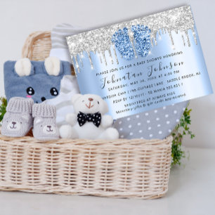 Baby Shower Drips Glitter Blue Feet Grey Boy Girl  Invitation