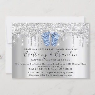 Baby Shower Drips Glitter Blue Feet Silver Invitat Invitation