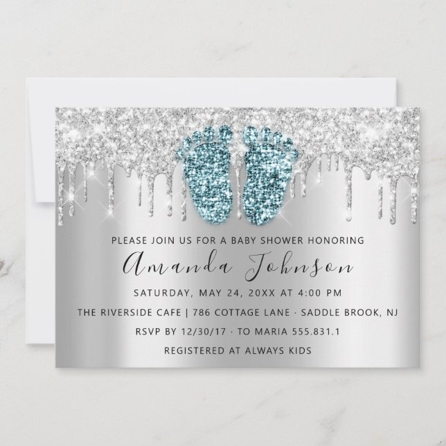 Baby Shower Drips Glitter Feet Grey Spark Boy Girl Invitation (Front)
