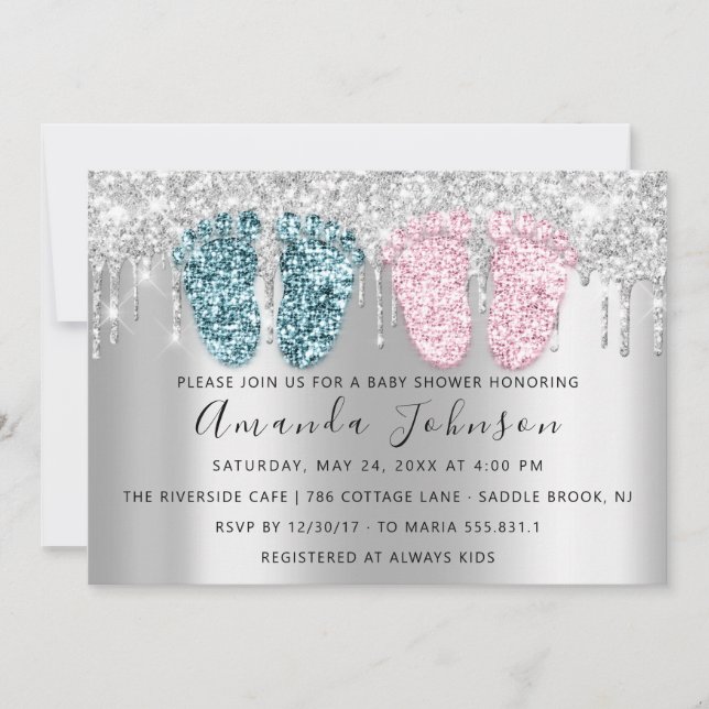 Baby Shower Drips Glitter Feet Grey Twins Boy Girl Invitation (Front)