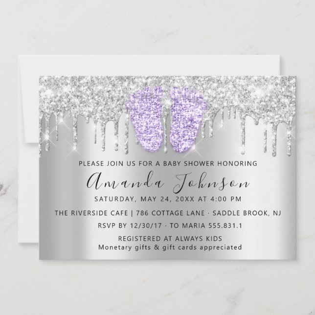 Baby Shower Drips Glitter PurpleFeet Grey Boy Girl Invitation (Front)