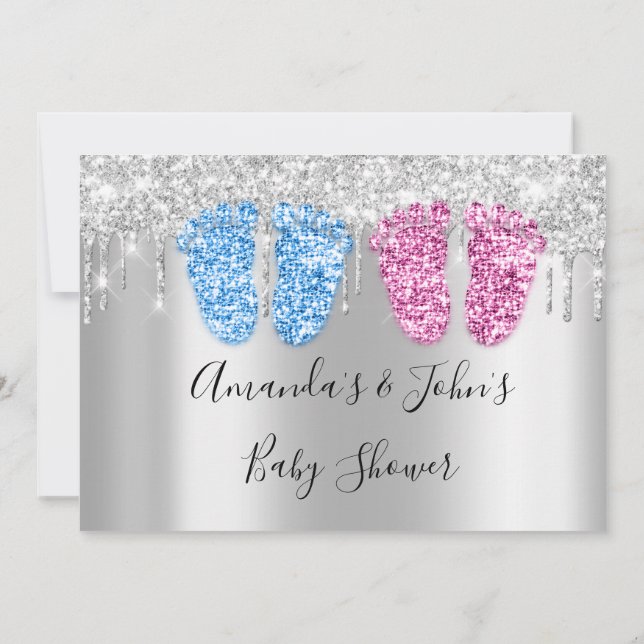 Baby Shower Drips Silver FeetsTwins Boy Girl Blue Invitation (Back)