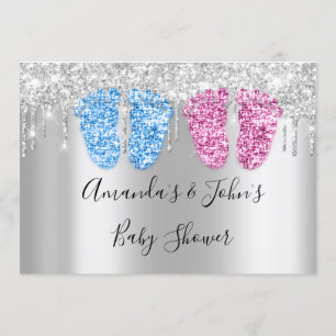 Baby Shower Drips Silver FeetsTwins Boy Girl Blue Invitation