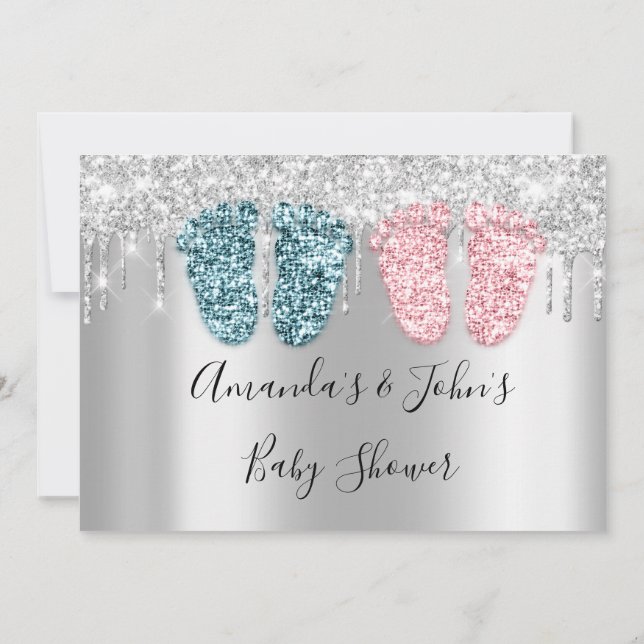 Baby Shower Drips Silver FeetTwins Boy Girl Pink Invitation (Back)