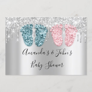 Baby Shower Drips Silver FeetTwins Boy Girl Pink Invitation