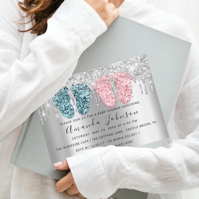 Baby Shower Drips Silver Grey Feet Twins Boy Girl Invitation (Baby Shower Drips Silver Gray Feet Twins Boy Girl Invitation)
