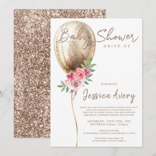Baby Shower Drive By Luxury Beige Balloon Glitter Invitation