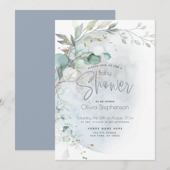 Baby Shower | Dusty Blue Over the Moon Invitation (Front/Back)