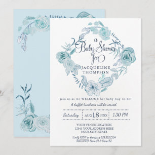 Baby Shower Dusty Blue Watercolor Floral Greenery Invitation